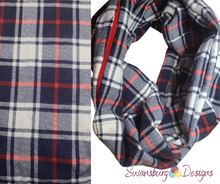 Load image into Gallery viewer, Navy &amp; White Plaid Infinity Scarf with Pocket
